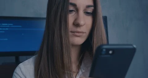Closeup portrait. A girl programmer is testing a technique. Stock Footage 102669745