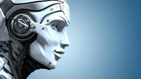 Closeup portrait of robot head. Artificial design concept. 3d render Stock Illustration