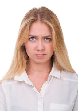 Closeup portrait of sad and depressed woman isolated on white 库存照片
