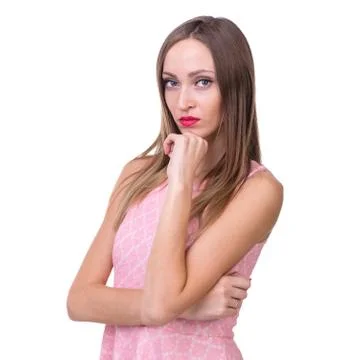 Closeup portrait of sad and depressed woman isolated on white Stock Photos