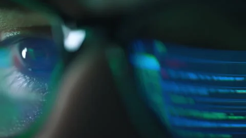 Closeup portrait of software engineer working on computer. Line of hack code run Stock Footage 205467696