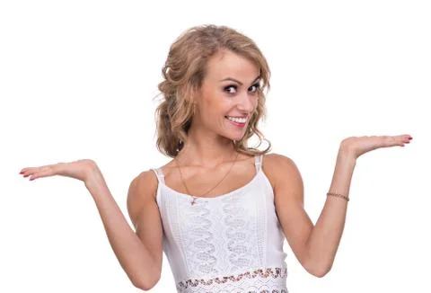 Closeup portrait of surprised young lady isolated on white with copyspace Stock Photos