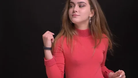 Closeup portrait of young beautiful caucasian female dancing and having fun in Stock Footage 103142853