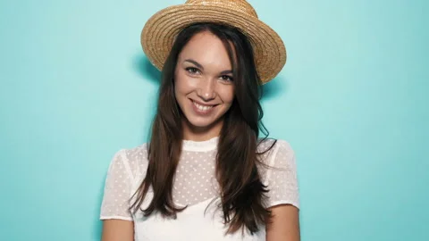 Closeup portrait of young beautiful smiling female in trendy summer dress Stock Footage 167783005