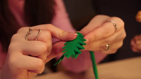 Closeup of precise fingers arranging leaves onto stem in cozy setting Stock Footage 335780420