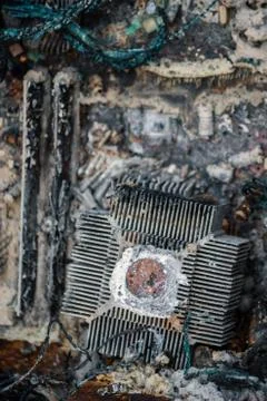 Closeup of a processor cooler on a burned desktop computer Stock Photos