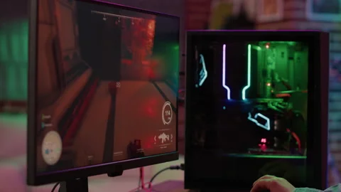 Closeup of professional gaming pc setup screen streaming online gameplay for Stock Footage 210886723