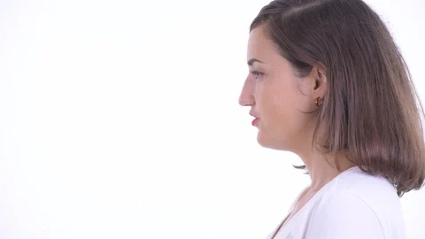 Closeup profile view of happy beautiful businesswoman talking Stock Footage 117162249