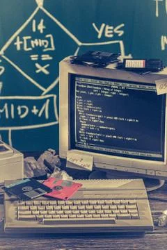 Closeup of programming on old computers in the laboratory Foto stock