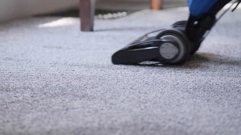 Closeup Push Vacuum Cleaning Carpet Stockbeeldmateriaal 105066406