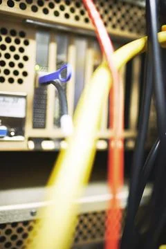 Closeup, rack and ethernet cables at data center for database, IT infrastru.. Stock Photos