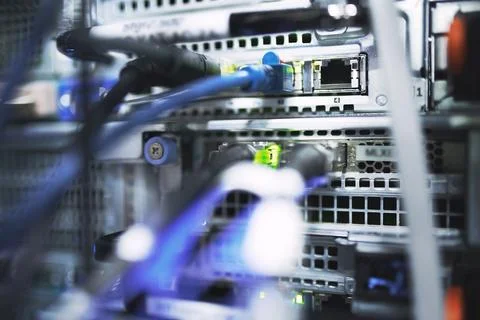 Closeup, rack and ethernet cables in server room for database, IT infrastru.. Stock Photos