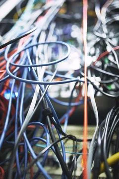 Closeup, rack and ethernet wire in server room for database, IT infrastruct.. Stock Photos
