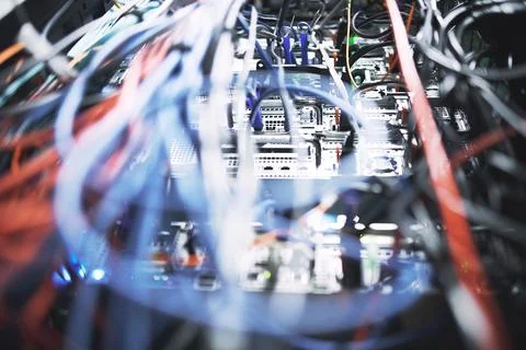 Closeup, rack and mainframe cables in server room for database, IT infrastr.. Stock Photos