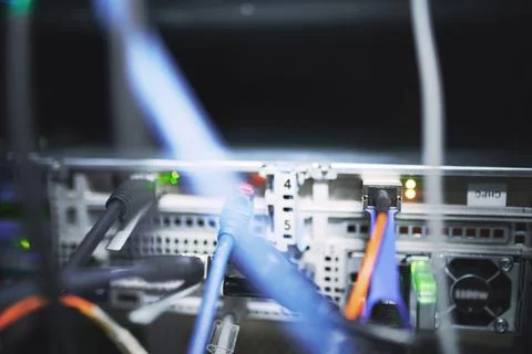 Closeup, rack and power cables at data center for database, IT infrastructu.. Foto stock