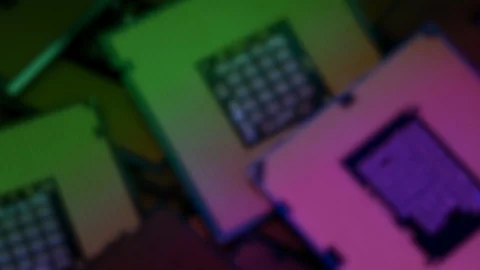 Closeup with Rack focusing on many Computer CPU Chip Stock Footage 120303157