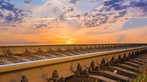 Closeup railway on dramatic sunset background Stock-Footage 327798422