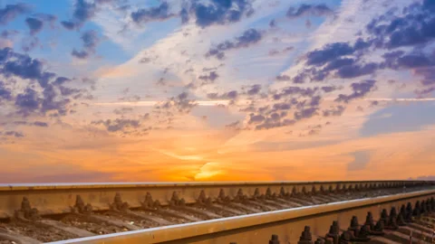 Closeup railway on dramatic sunset background Stock Footage 336745416