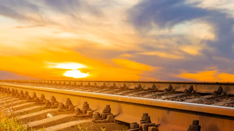 Closeup railway at the dramatic sunset Stock Footage 332800320
