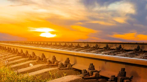 Closeup railway at the dramatic sunset time lapse scene Stock Footage 288064709