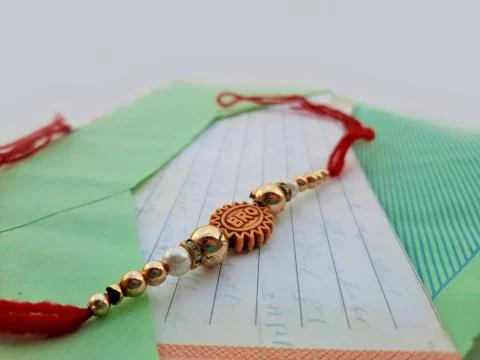 Closeup of Rakhee or holy thread with message in envelope on Raksha Bandhan Stock Photos