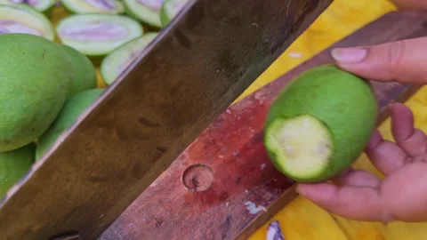 Closeup of raw mango slicing using traditional Indian cutter 스톡 동영상 336325416
