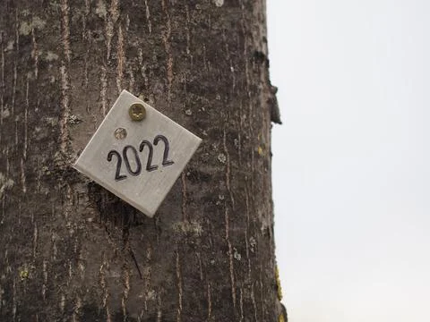 Closeup of a rectangular white piece with a written 2022 number attached to the Stock Photos