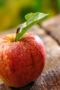 Closeup of red apple with single leaf Stock Photos