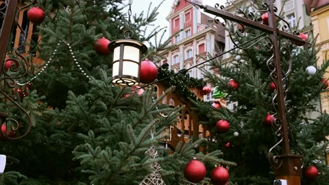 Closeup of a red balls and lantern on Decorated natural New Year tree Stock Footage 136553559
