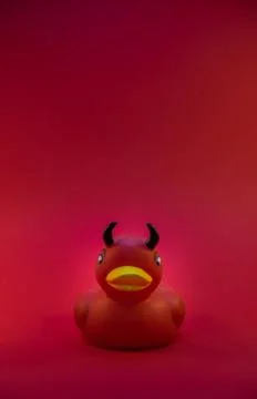A closeup of a red devil rubber duck with yellow bill and black horn against  Stock Photos