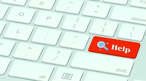 Closeup of a red "Help" button with an icon on the keyboard 스톡 사진