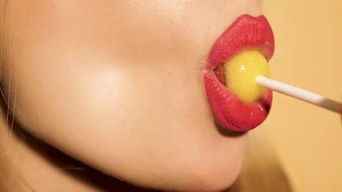 Closeup red lips of young beautiful hipster bad girl with earring in her nose Stock Footage 142146708