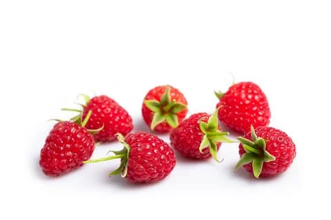 Closeup of red raspberry berries on white background 스톡 사진
