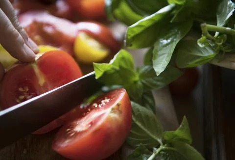 Closeup of red tomato cut in halves 写真素材