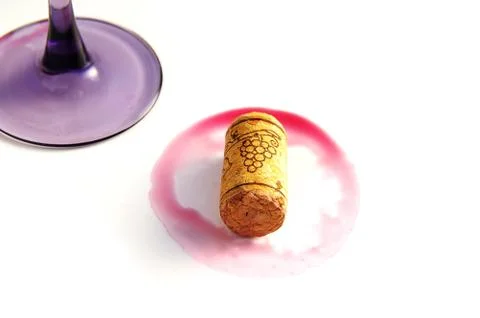 Closeup of a red wine ring, cork and glass Stock Photos