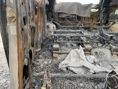 Closeup of the remains of an old crashed car burned from the inside Stock-Fotos