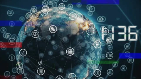 Closeup revealing digital globe, camera pulling back, icons forming data web 스톡 동영상 331026289