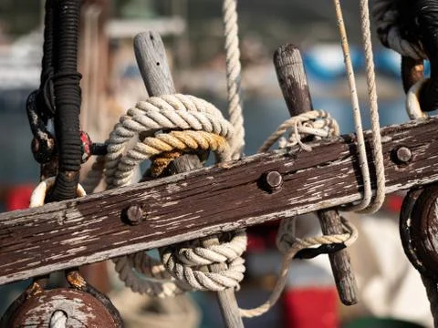 Closeup of the rigging of an old boat Stock Photos