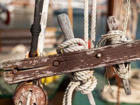 Closeup of the rigging of an old boat Stock Photos