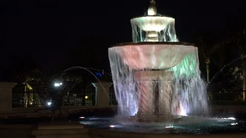 Closeup Right Side Colorful Rainbow Waterfall At Resort At Night Vacation Vi Stock Footage 127146802