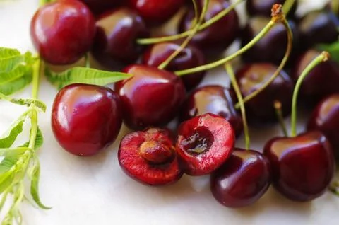 Closeup of ripe Cherry on table Stock Photos