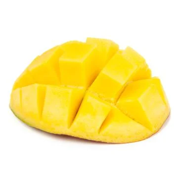 Closeup ripe mango fruit slice with green leaves isolated on white Stock Photos