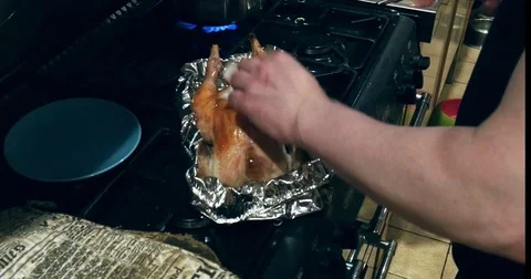 Closeup of roast chicken being prepared. Stock Footage 84215917