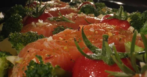 Closeup Roasted Salmon Broccoli Cherry Tomatoes, Professional Chef Plating Stock Footage 330751659