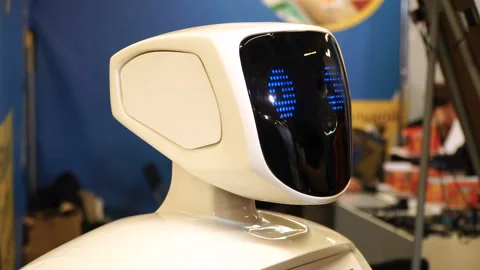 Closeup robot face. Robot turning head and look. Modern robotics technologies 4k Stock Footage 88685786