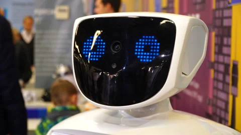 Closeup robot face. Robot turning head and look. Modern robotics technologies 4k Stock Footage 88686030