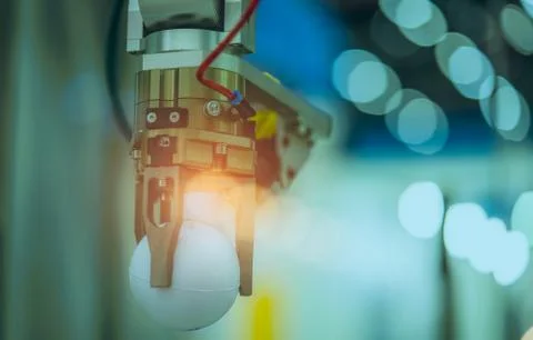 Closeup robot hand machine picking up white ball on bokeh blurred background  Stock Photos