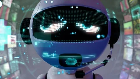Closeup of robot head animation with data interface hud graphic. Modern high Stock-Footage 283170652