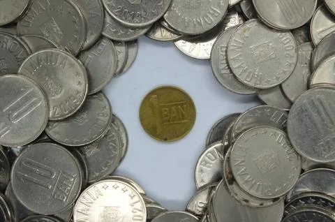 Closeup of Romanian currency coins stack. Bani, leu, RON Stock Photos