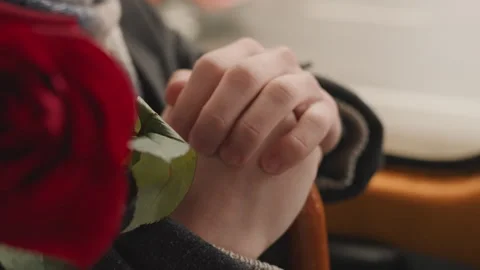Closeup rose beside clasped hands vibrant red petal foreground hands resting on Vidéo 332923701